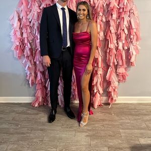 Hot Pink High Slit Satin Formal Dress